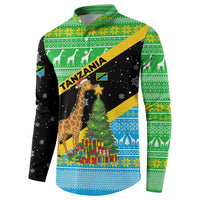 Tanzania Christmas Button Sweatshirt with Giraffe Christmas Tree Snowflakes and Flag - Wonder Print Shop