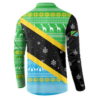 Tanzania Christmas Button Sweatshirt with Giraffe Christmas Tree Snowflakes and Flag - Wonder Print Shop