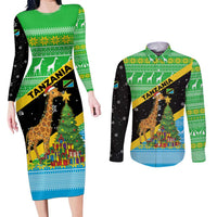 Tanzania Christmas Couples Matching Long Sleeve Bodycon Dress and Long Sleeve Button Shirt with Giraffe Christmas Tree Snowflakes and Flag - Wonder Print Shop