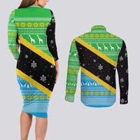 Tanzania Christmas Couples Matching Long Sleeve Bodycon Dress and Long Sleeve Button Shirt with Giraffe Christmas Tree Snowflakes and Flag - Wonder Print Shop