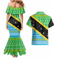 Tanzania Christmas Couples Matching Mermaid Dress and Hawaiian Shirt with Giraffe Christmas Tree Snowflakes and Flag - Wonder Print Shop