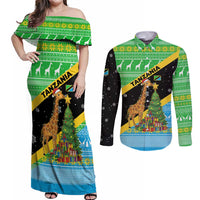 Tanzania Christmas Couples Matching Off Shoulder Maxi Dress and Long Sleeve Button Shirt with Giraffe Christmas Tree Snowflakes and Flag - Wonder Print Shop