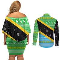 Tanzania Christmas Couples Matching Off Shoulder Short Dress and Long Sleeve Button Shirt with Giraffe Christmas Tree Snowflakes and Flag - Wonder Print Shop