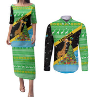 Tanzania Christmas Couples Matching Puletasi and Long Sleeve Button Shirt with Giraffe Christmas Tree Snowflakes and Flag - Wonder Print Shop