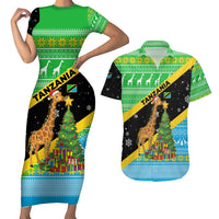 Tanzania Christmas Couples Matching Short Sleeve Bodycon Dress and Hawaiian Shirt with Giraffe Christmas Tree Snowflakes and Flag - Wonder Print Shop