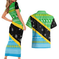 Tanzania Christmas Couples Matching Short Sleeve Bodycon Dress and Hawaiian Shirt with Giraffe Christmas Tree Snowflakes and Flag - Wonder Print Shop