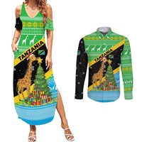 Tanzania Christmas Couples Matching Summer Maxi Dress and Long Sleeve Button Shirt with Giraffe Christmas Tree Snowflakes and Flag - Wonder Print Shop