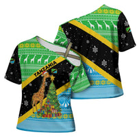Tanzania Christmas Cross Shoulder Shirt with Giraffe Christmas Tree Snowflakes and Flag - Wonder Print Shop