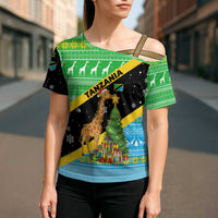 Tanzania Christmas Cross Shoulder Shirt with Giraffe Christmas Tree Snowflakes and Flag - Wonder Print Shop