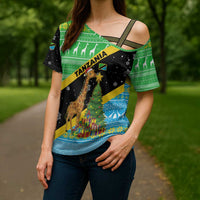 Tanzania Christmas Cross Shoulder Shirt with Giraffe Christmas Tree Snowflakes and Flag - Wonder Print Shop