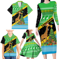 Tanzania Christmas Family Matching Long Sleeve Bodycon Dress and Hawaiian Shirt with Giraffe Christmas Tree Snowflakes and Flag - Wonder Print Shop