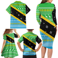 Tanzania Christmas Family Matching Long Sleeve Bodycon Dress and Hawaiian Shirt with Giraffe Christmas Tree Snowflakes and Flag - Wonder Print Shop