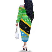 Tanzania Christmas Family Matching Off The Shoulder Long Sleeve Dress and Hawaiian Shirt with Giraffe Christmas Tree Snowflakes and Flag - Wonder Print Shop