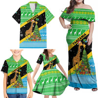 Tanzania Christmas Family Matching Off Shoulder Maxi Dress and Hawaiian Shirt with Giraffe Christmas Tree Snowflakes and Flag - Wonder Print Shop
