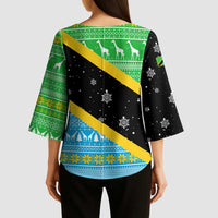 Tanzania Christmas Kimono Sleeve Blouse with Giraffe Christmas Tree Snowflakes and Flag - Wonder Print Shop