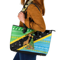 Tanzania Christmas Leather Tote Bag with Giraffe Christmas Tree Snowflakes and Flag - Wonder Print Shop