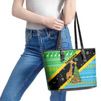 Tanzania Christmas Leather Tote Bag with Giraffe Christmas Tree Snowflakes and Flag - Wonder Print Shop