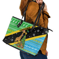 Tanzania Christmas Leather Tote Bag with Giraffe Christmas Tree Snowflakes and Flag - Wonder Print Shop