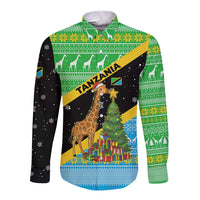 Tanzania Christmas Long Sleeve Button Shirt with Giraffe Christmas Tree Snowflakes and Flag - Wonder Print Shop
