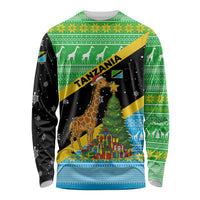 Tanzania Christmas Long Sleeve Shirt with Giraffe Christmas Tree Snowflakes and Flag - Wonder Print Shop