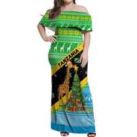 Tanzania Christmas Off Shoulder Maxi Dress with Giraffe Christmas Tree Snowflakes and Flag - Wonder Print Shop