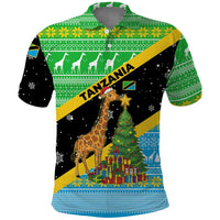 Tanzania Christmas Polo Shirt with Giraffe Christmas Tree Snowflakes and Flag - Wonder Print Shop