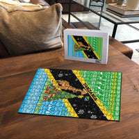 Tanzania Christmas Puzzle with Giraffe Christmas Tree Snowflakes and Flag - Wonder Print Shop