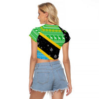 Tanzania Christmas Raglan Cropped T Shirt with Giraffe Christmas Tree Snowflakes and Flag - Wonder Print Shop