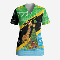 Tanzania Christmas Scrub Top with Giraffe Christmas Tree Snowflakes and Flag - Wonder Print Shop