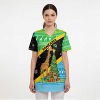 Tanzania Christmas Scrub Top with Giraffe Christmas Tree Snowflakes and Flag - Wonder Print Shop