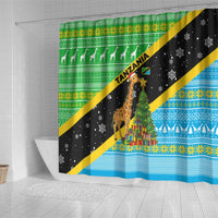 Tanzania Christmas Shower Curtain with Giraffe Christmas Tree Snowflakes and Flag - Wonder Print Shop