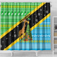 Tanzania Christmas Shower Curtain with Giraffe Christmas Tree Snowflakes and Flag - Wonder Print Shop