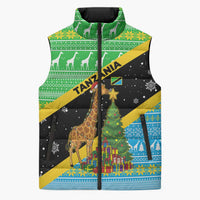 Tanzania Christmas Sleeveless Puffer Jacket with Giraffe Christmas Tree Snowflakes and Flag - Wonder Print Shop