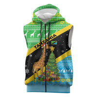 Tanzania Christmas Sleeveless Zip Hoodie with Giraffe Christmas Tree Snowflakes and Flag - Wonder Print Shop