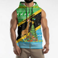 Tanzania Christmas Sleeveless Zip Hoodie with Giraffe Christmas Tree Snowflakes and Flag - Wonder Print Shop