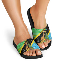 Tanzania Christmas Slide Sandals with Giraffe Christmas Tree Snowflakes and Flag - Wonder Print Shop