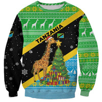 Tanzania Christmas Sweatshirt with Giraffe Christmas Tree Snowflakes and Flag - Wonder Print Shop