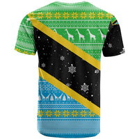 Tanzania Christmas T Shirt with Giraffe Christmas Tree Snowflakes and Flag - Wonder Print Shop
