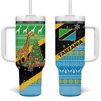 Tanzania Christmas Tumbler With Handle with Giraffe Christmas Tree Snowflakes and Flag - Wonder Print Shop