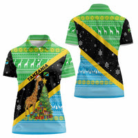 Tanzania Christmas Women Polo Shirt with Giraffe Christmas Tree Snowflakes and Flag - Wonder Print Shop