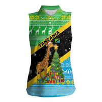 Tanzania Christmas Women Sleeveless Polo Shirt with Giraffe Christmas Tree Snowflakes and Flag - Wonder Print Shop