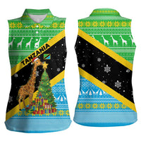 Tanzania Christmas Women Sleeveless Polo Shirt with Giraffe Christmas Tree Snowflakes and Flag - Wonder Print Shop