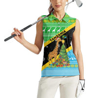 Tanzania Christmas Women Sleeveless Polo Shirt with Giraffe Christmas Tree Snowflakes and Flag - Wonder Print Shop