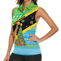 Tanzania Christmas Women Sleeveless Polo Shirt with Giraffe Christmas Tree Snowflakes and Flag - Wonder Print Shop