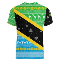 Tanzania Christmas Women V-Neck T-Shirt with Giraffe Christmas Tree Snowflakes and Flag - Wonder Print Shop
