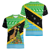 Tanzania Christmas Women V-Neck T-Shirt with Giraffe Christmas Tree Snowflakes and Flag - Wonder Print Shop