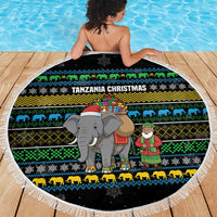 Tanzania Christmas Beach Blanket with Santa Riding Elephant Snowflakes and Colorful African - Wonder Print Shop