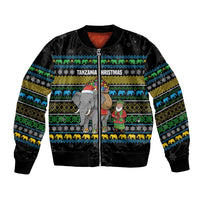 Tanzania Christmas Bomber Jacket with Santa Riding Elephant Snowflakes and Colorful African - Wonder Print Shop