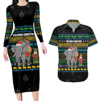 Tanzania Christmas Couples Matching Long Sleeve Bodycon Dress and Hawaiian Shirt with Santa Riding Elephant Snowflakes and Colorful African - Wonder Print Shop