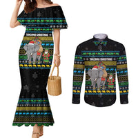 Tanzania Christmas Couples Matching Mermaid Dress and Long Sleeve Button Shirt with Santa Riding Elephant Snowflakes and Colorful African - Wonder Print Shop